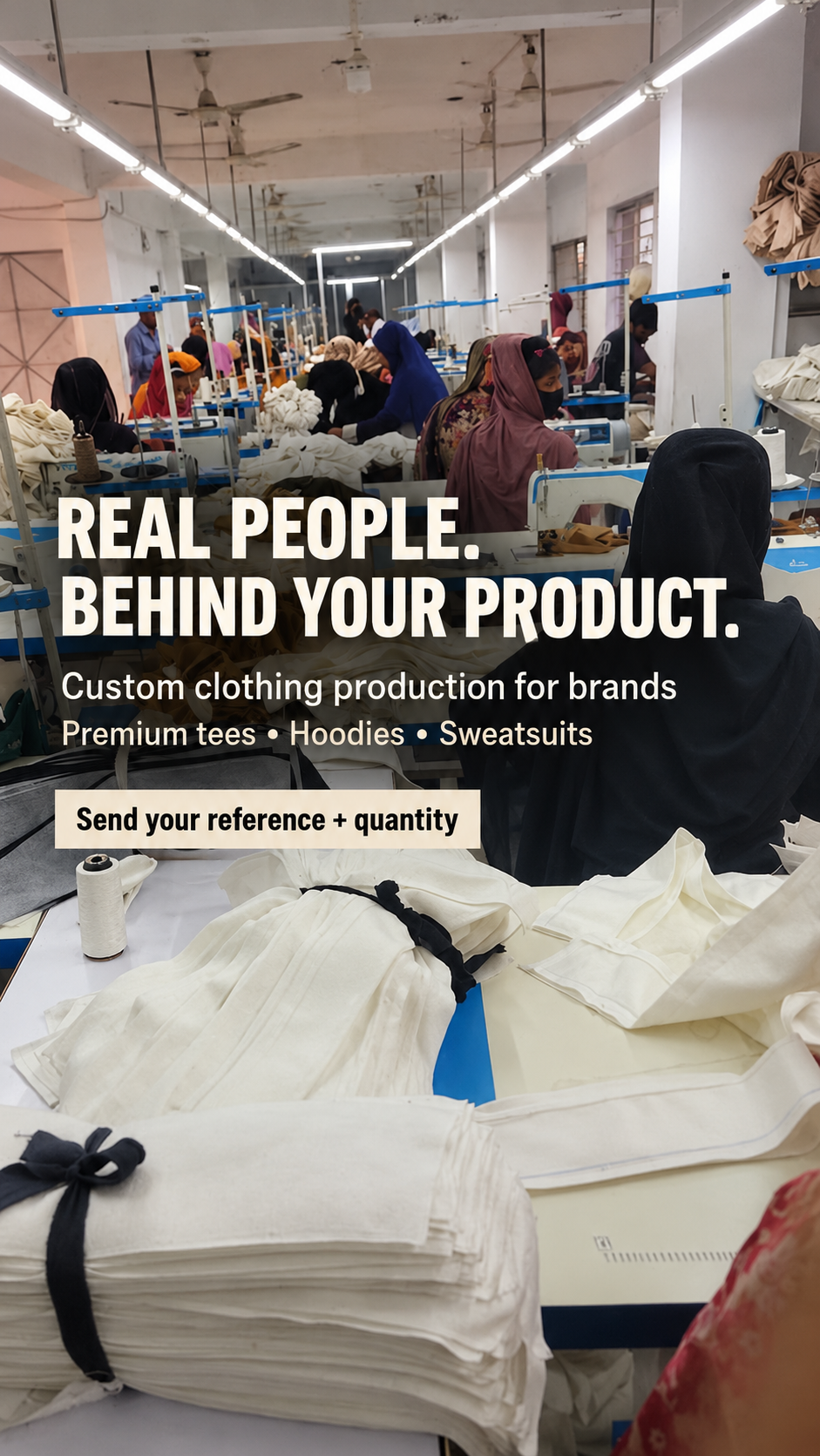 Campaign creative showing a garment production floor